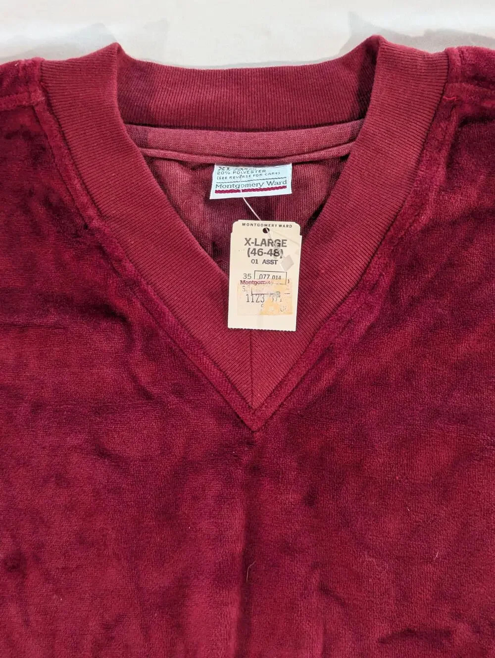 Vintage Montgomery Ward Sweater Mens XL Red V Neck Velvet Long Sleeve Pullover